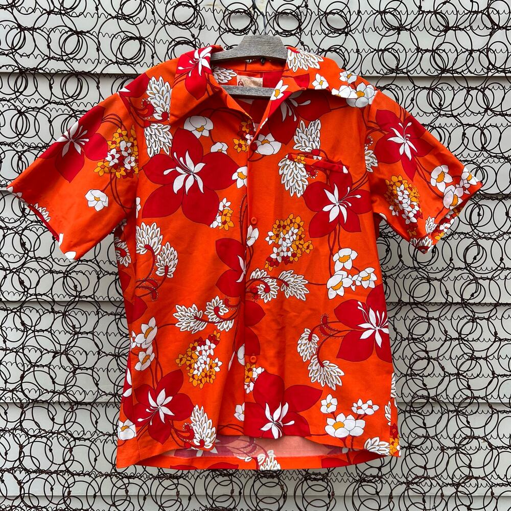Vintage Kramer's Honolulu Hawaii Orange Tropical Button Up Short Sleeve Shirt LG